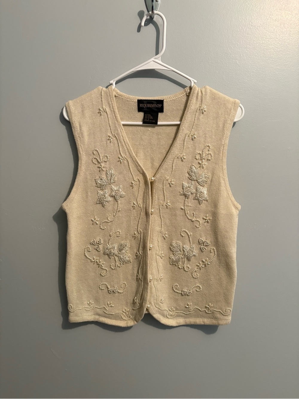 Vintage Requirements Beaded Floral Cream Knit Vest Button Down Women's Small